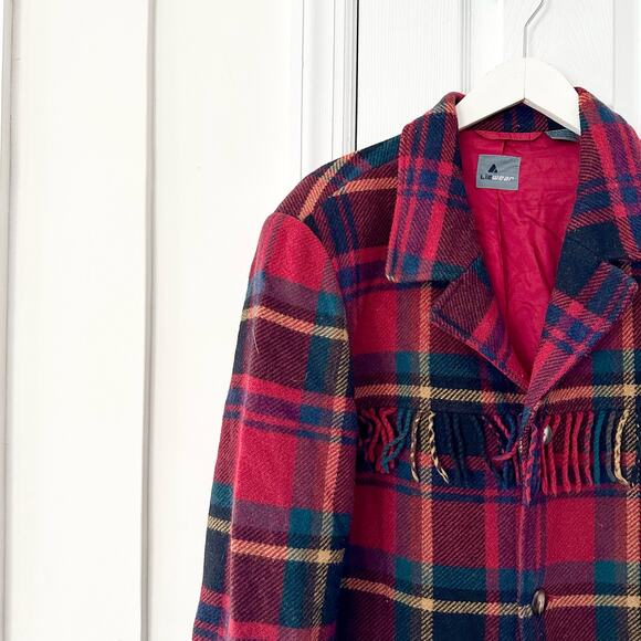Liz Sport Vintage Red Scottish Tartan Plaid Fringe Trim Wool Boyfriend Blazer 10 - Picture 2 of 14